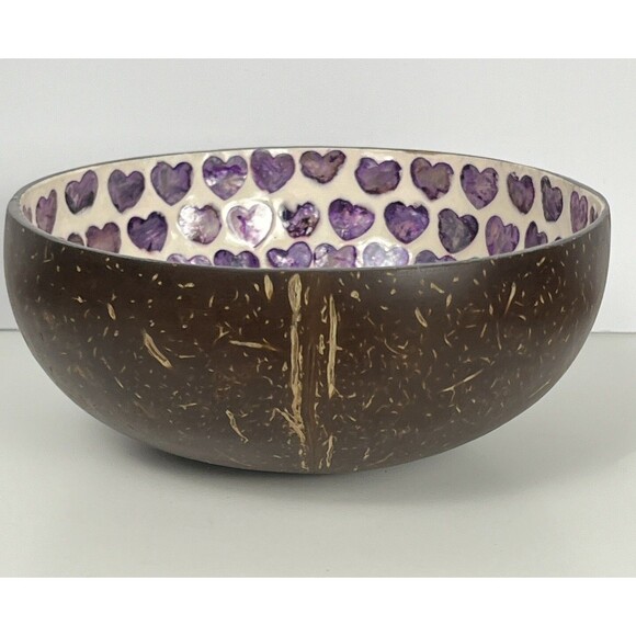 Coconut Shell Bowl Dolphin Purple‎ Hearts Mother of Pearl Handcraft Trinket Dish - Picture 3 of 6